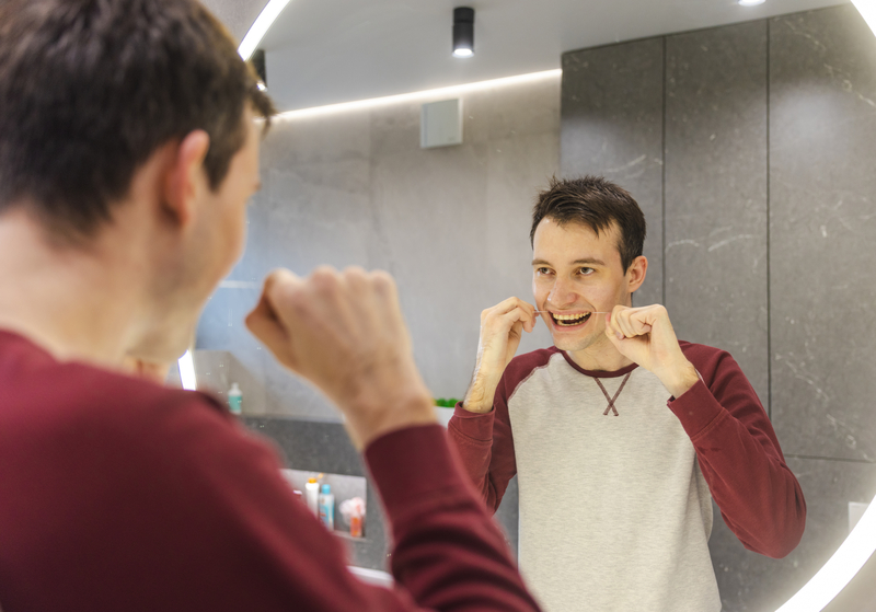 Teenage Boy Flossing His Teeth As A Consistent Daily Routine