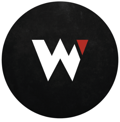 Circular logo featuring a stylized white 'W' on a black background with a red triangle accent.