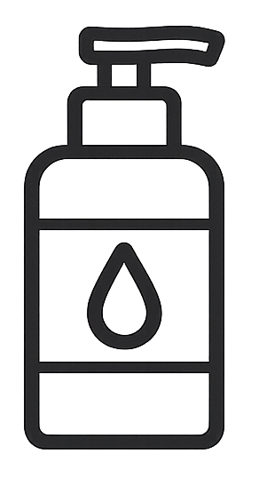 An outline illustration of a lotion or soap pump bottle with a droplet symbol on the label.